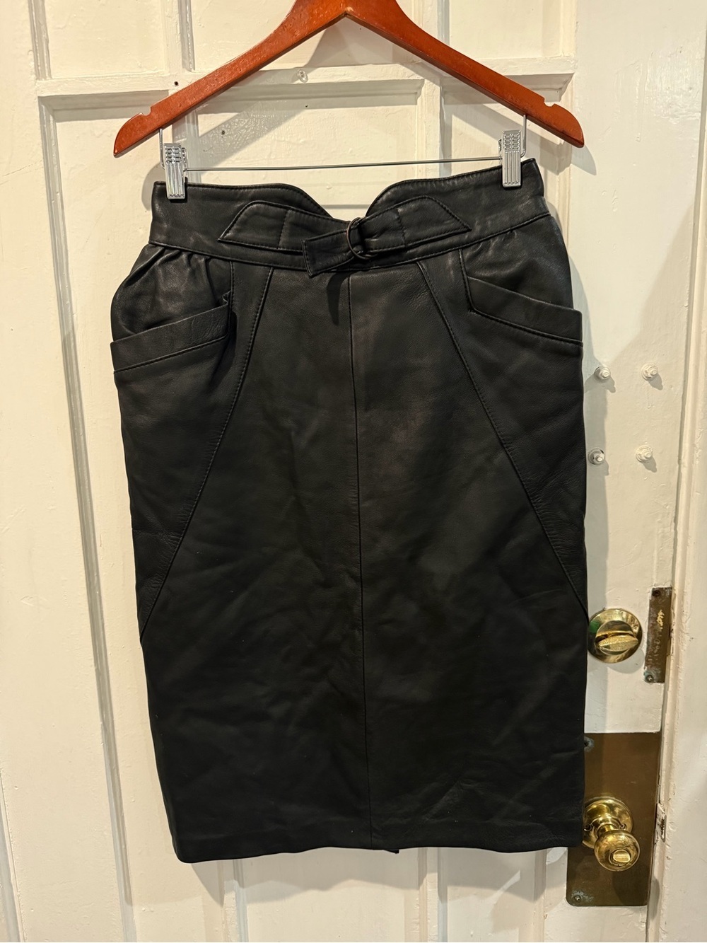 Vera Pelle Black Leather Pencil Skirt with Buckle Waist